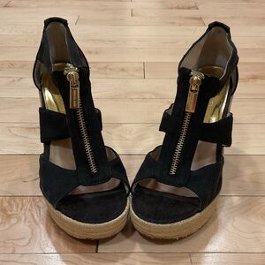 Michael Kors Damita Wedge Black Canvas Platform Sandal Gold Zip